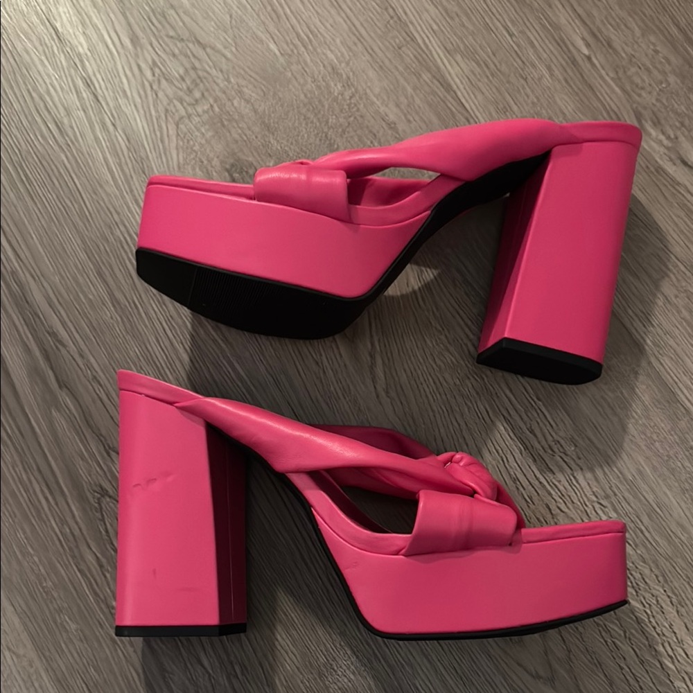 Open Edit Womens Kaia Platform Heel Sandals Slides Cross Puffy Barbie Pink Sz 11